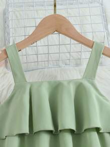 SHEIN Vintaside Kids Tween Girl Solid Color Ruffle Detail Belted Jumpsuit With Straight Leg Summer Holiday - Green - View 5