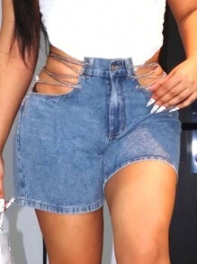 SHEIN SXY Chain-Decorated Hollow Out Denim Shorts - Light Wash - View 4