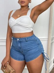 SHEIN SXY Plus Drawstring Side Denim Shorts - Medium Wash - View 6