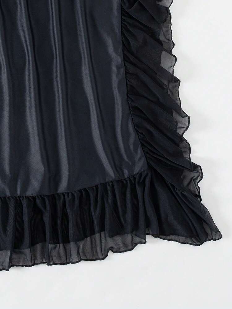 Ladies' Floral Plant Printed Overlapping Ruffle Trim Cover Up Top, For Summer, Beach, Vacation