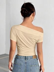SHEIN Unity Solid Color Asymmetric Neckline Short Cropped T-Shirt With Pleats - Apricot - View 2
