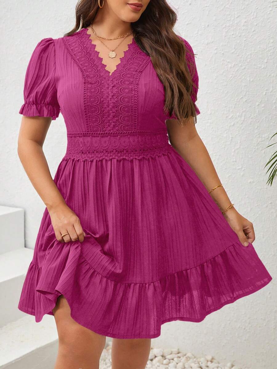 SHEIN VCAY Kích thước lớn Ren Vá lại Ống tay áo Mùa hè Đầm - Màu Hồng Tươi - Xem 1