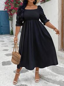 Franclia 大尺碼純色收腰a字裙 - 黑色 - 查看 1