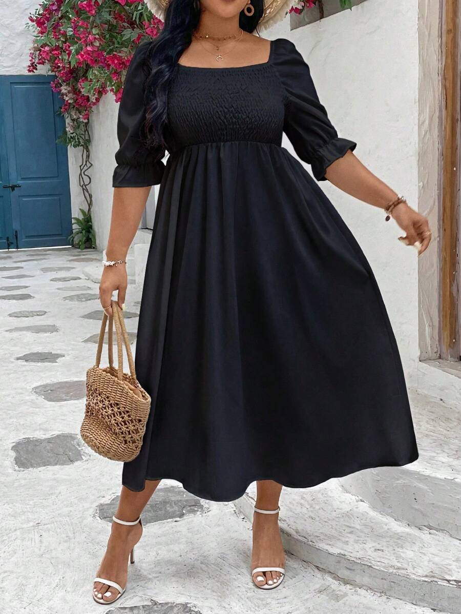 Franclia 大尺碼純色收腰a字裙 - 黑色 - 查看 1