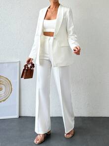 SHEIN 小码女士商务白色长袖单扣西装外套和高腰长裤套装，带口袋 - 白色 - 查看 5