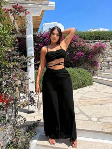 SHEIN SXY Solid Color Pleated Crop Top With Wide Leg Pants - Black - View 1