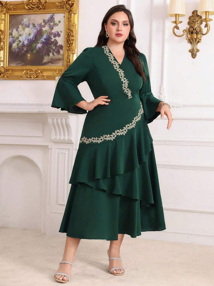 Plus Size V-Neck Lace Patchwork Ruffle Dress,Elegant Evening Party Dress Long Evening Dresses