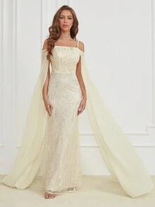 Women's Off-Shoulder Sequin Patchwork Mermaid Dress - Apricot - View 5