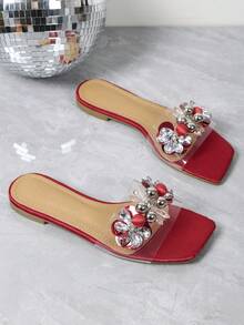 Zapatillas De Verano 2020 Para Mujer Con Decoración De Flores Y Diamantes De Imitación, Cómodas Y De Diseño Claro De Cristal Para Uso Al Aire Libre, Con Diseño De Punta Cuadrada Plana Y Punta Abierta - Rojo - Ver 7