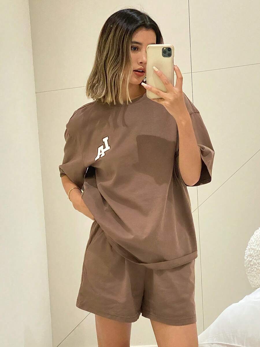 Livesso Conjunto de ropa informal de verano con top holgado y pantalones cortos con estampado de letras