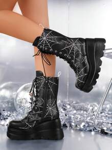ROMWE Goth Nuevas Botas De Tacón Alto De Plataforma De Encaje De Media Pantorrilla Con Cordones De Araña Góticos Punk Oscuros Para Mujer En Primavera Y Otoño De 2024 - Negro - Ver 3