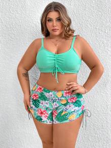 SHEIN CURVE+ 大尺碼純色吊帶上衣＆熱帶印花泳褲比基尼套裝 - 彩色 - 查看 3