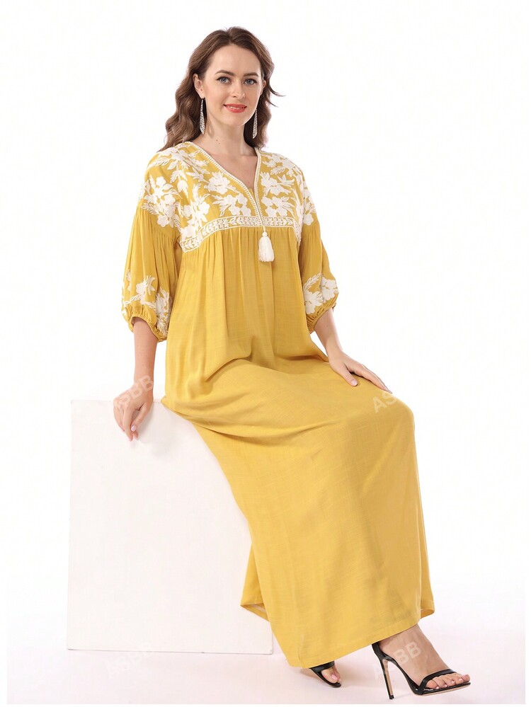 فستان نسائي إماراتي أنيق مطرز بالورود، جلابية تقلي...