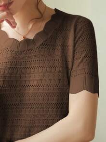 Knit Mix Elegant Women's Blouse, Distinctive Lace Trim Round Neck Hollow Out Short Sleeve Fitted T-Shirt, Suitable For Petite Figures, Solid Color, Casual/Work Appropriate, Spring/Summer Top, Subtle Vintage Cream Color, Back To School Spring/Summer Wear, Also Suitable For Casual Occasions Like Christmas, Thanksgiving And New Year. - Brown - View 7