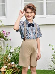 SHEIN 2 Stücke/Set Hemd im College-Stil mit elegantem Karomuster und abnehmbarer Hosenträger-Shorts für Tween Jungen