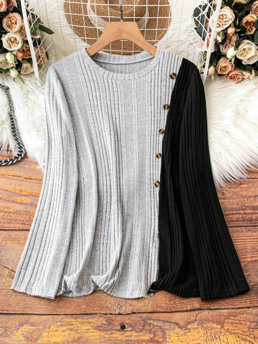 SHEIN LUNE 女性加大號色塊肋紋t恤 - 彩色 - 查看 1