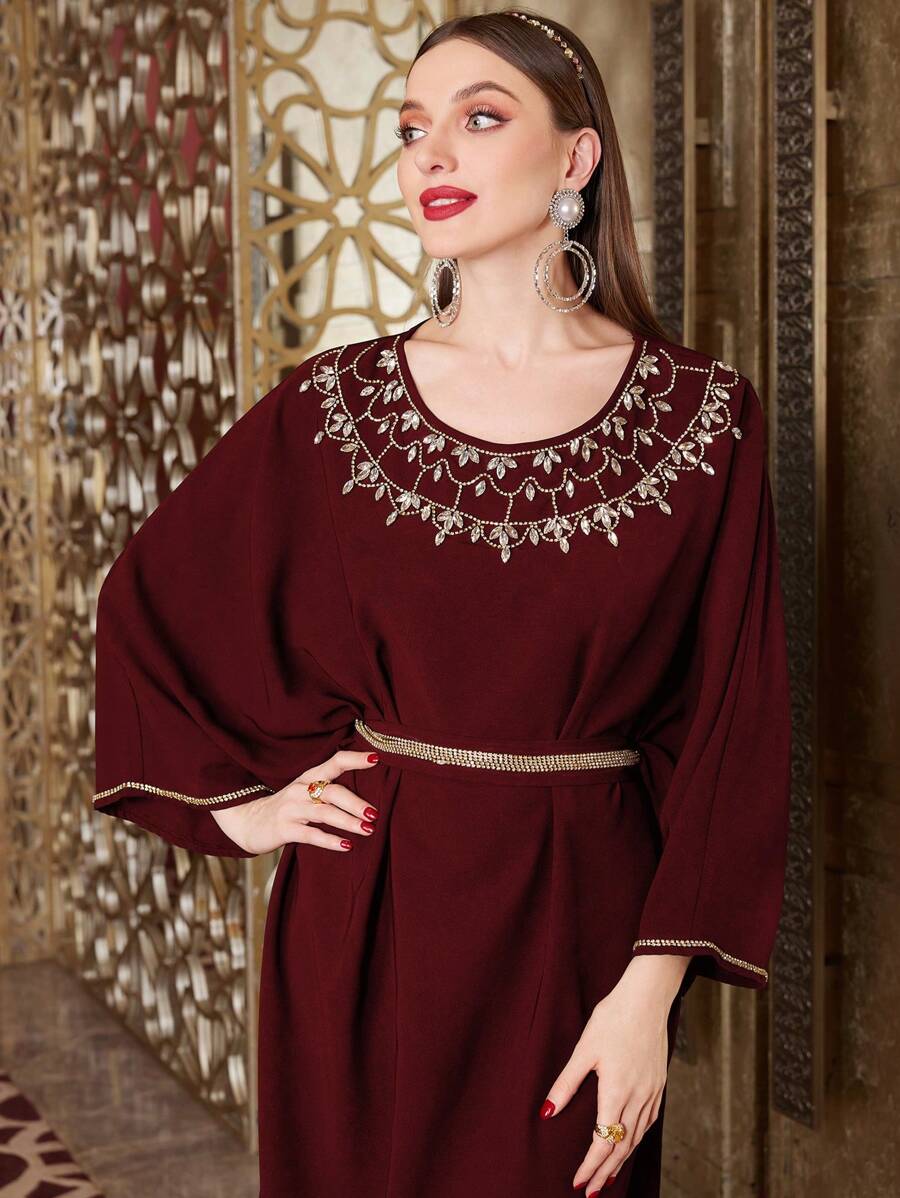 Al Najma Burgundy Red Batwing Sleeve Dress With Rhinestone Embellishment Kaftan Jalabiya Dress - Burgundy - View 1