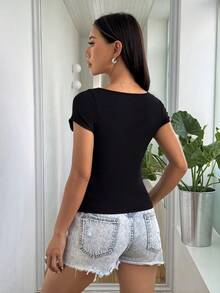 SHEIN Unity Màu thuần Ngắn tay Vòng cổ Thon gọn Áo thun - màu đen - Xem 2