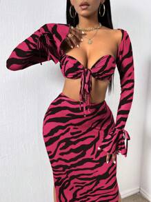 VaVaBold Sexy Zebra Print Crop Top With Lace-Up Detail And High-Slit Skirt Set - Hot Pink - View 5