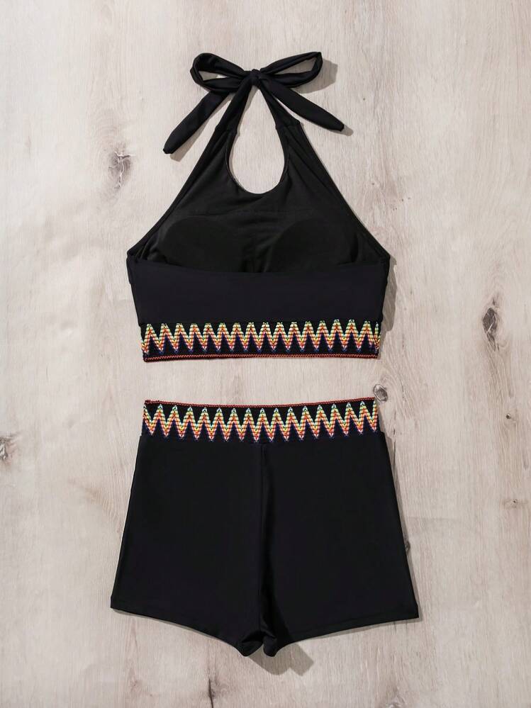 SHEIN Swim Lushore Damski patchworkowy splot falowy zestaw bikini oddziela, zestaw bikini stroje kąpielowe strój kąpielowy strój plażowy letnie wakacje, letnia plaża - Czarne - Zobacz 6