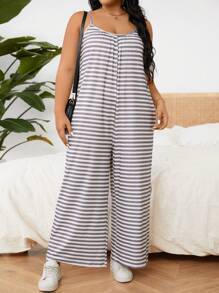 SHEIN LUNE Kích thước lớn Của phụ nữ Giải trí Màu xám & Trắng Sọc Áo liền quần - Đen và trắng - Xem 4