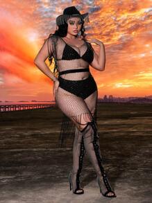 SHEIN SXY Plus Size Rhinestone Decor Fishnet Tank Top And Fringed Hem Skirt - Black - View 3