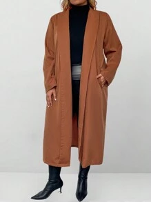 SHEIN Unity Plus Size Women's Solid Color Lapel Jacket, Casual Long Sleeve Pocket Coat For Spring And Autumn - Brown - View 3