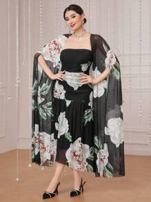 Modelyn 花卉印花抹胸连衣裙和斗篷夹克套装 2 件套 - 黑色 - 查看 4