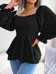 Spring/Summer Europe And America Style Casual Asymmetric Ruffle Square Neck Long Sleeve Chiffon Blouse,Long Sleeve Tops - Black - View 3