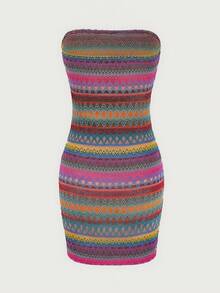 SHEIN Unity 女士鉤織幾何圖案紋理露肩連衣裙 - 彩色 - 查看 2