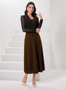 Modelyn Contrast Mesh Cinching Waist Casual Dress - Champagne - View 5