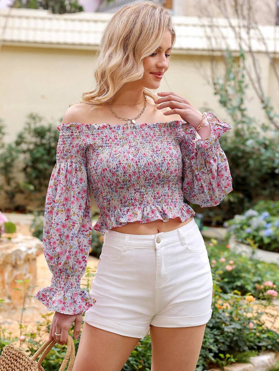 GENKIRA Ladies' Short Cropped Shirt With Off Shoulder Ruffle And Ditsy Floral Print - Multicolor - View 1