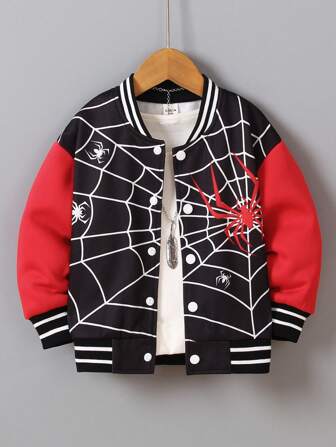 SHEIN Persoplay Kids Young Boy Casual Long Sleeve Spider Printed Baseball Jacket