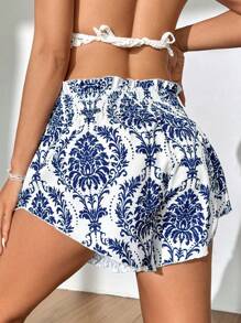 SHEIN Unity Của phụ nữ Eo cao Thực vật In Thanh lịch Phong cách Quần short - Màu xanh lam - Xem 2