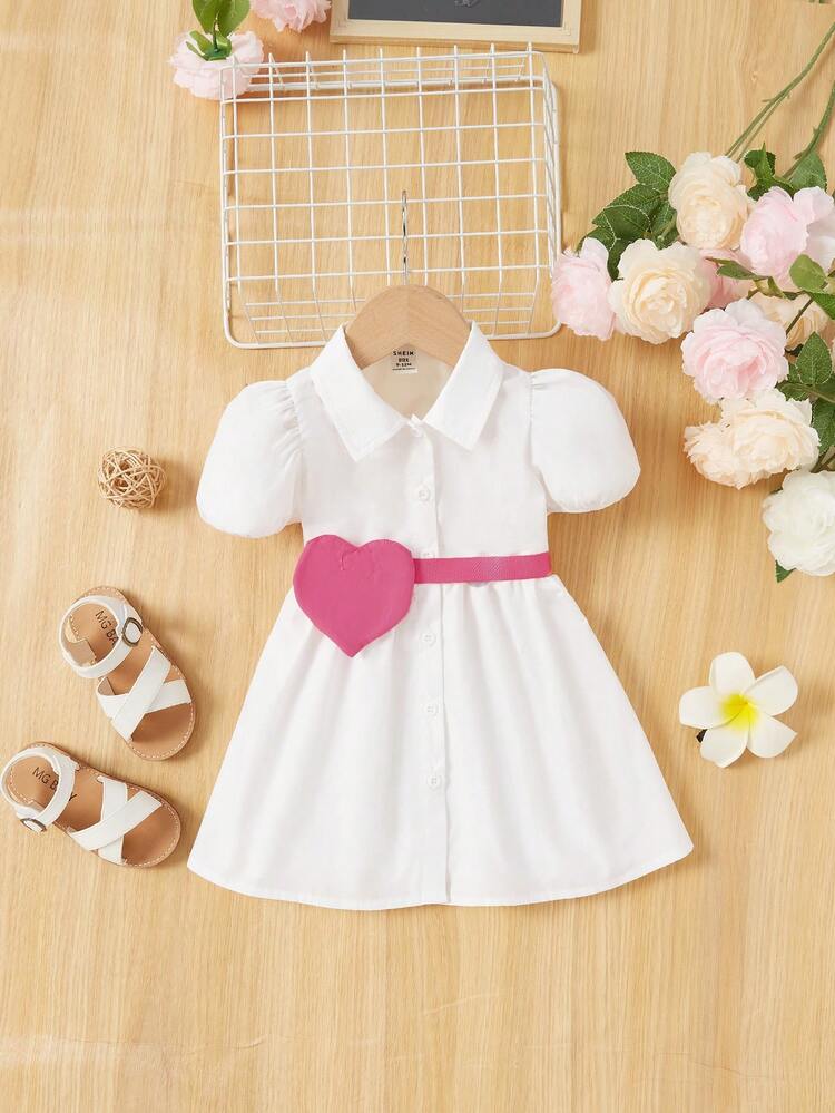 Baby Girl Casual And Cute White Bubble Short Sleeved Dress With Turn Down Collar And Shoulder Bag Set