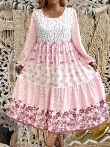 SHEIN Clasi 大尺碼花卉印花燈籠袖荷葉邊鬆緊裙洋裝 - 淺粉色 - 查看 3