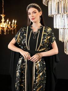 SHEIN Najma Bộ đồ phong cách Thổ Nhĩ Kỳ rộng rãi có cổ chữ V và họa tiết lá vàng - màu đen - Xem 6