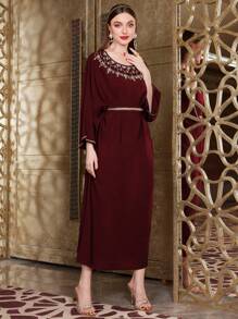 Al Najma Burgundy Red Batwing Sleeve Dress With Rhinestone Embellishment Kaftan Jalabiya Dress - Burgundy - View 6