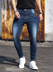 Manfinity Homme Men Cotton Slant Pocket Skinny Plain Dark Blue Slim Fit Long Dark Wash Jeans Washed Cargo Jeans, For Husband, Boyfriend Gifts Going Out Hang Out Commute Work Urban - Dark Wash - View 6