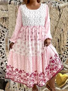 SHEIN Clasi 大尺碼花卉印花燈籠袖荷葉邊鬆緊裙洋裝 - 淺粉色 - 查看 4