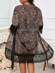 Bata y camisón de noche con estampado de leopardo, encaje de contraste y cinturón - Multicolor - Ver 2