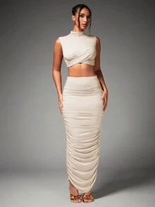 SHEIN BAE Conjunto De Dos Piezas Con Detalle De Volantes En El Cuello Medio Alto Para Mujer, Para La Fiesta De Víspera De Año Nuevo