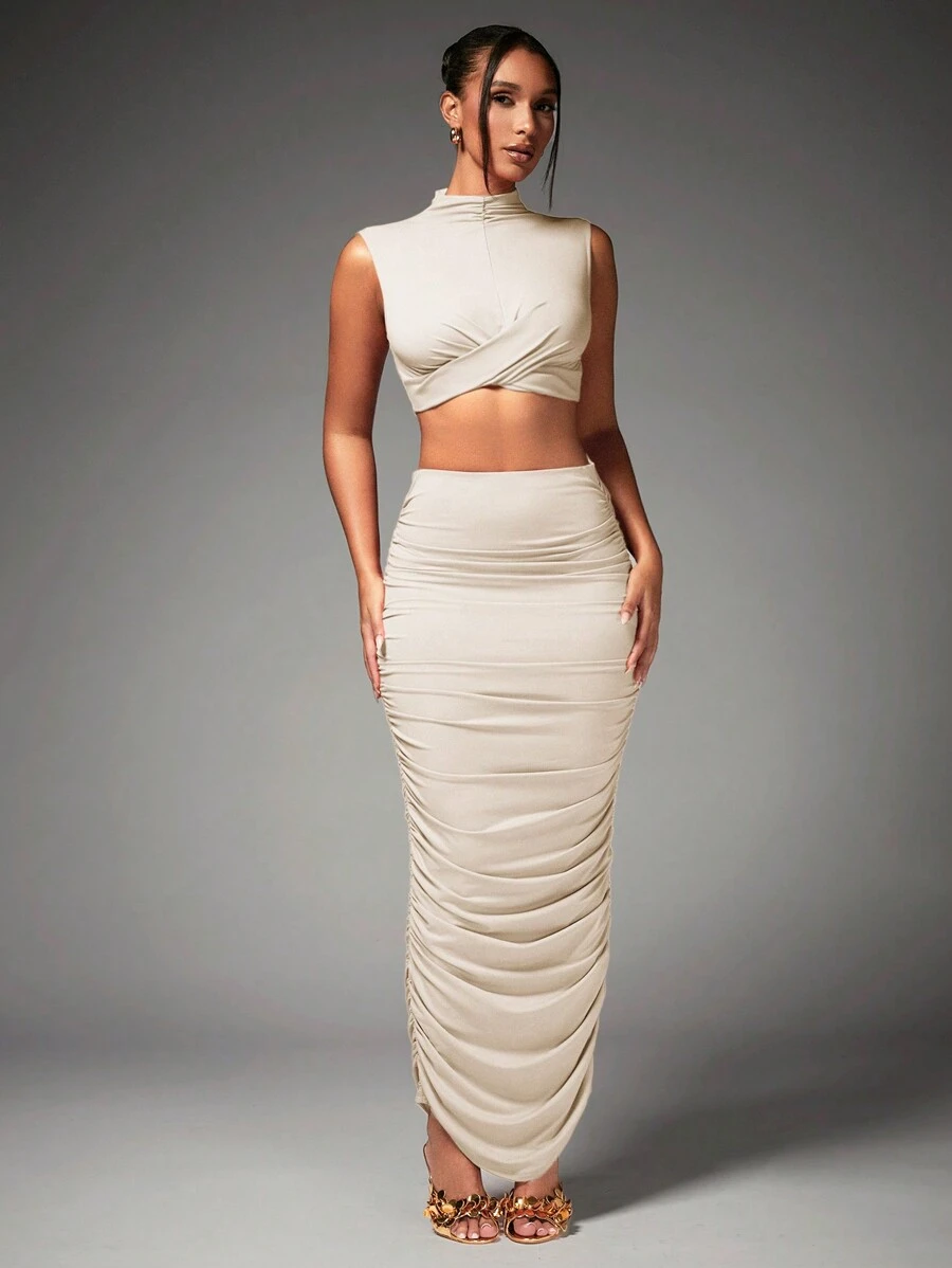 SHEIN BAE Conjunto De Dos Piezas Con Detalle De Volantes En El Cuello Medio Alto Para Mujer, Para La Fiesta De Víspera De Año Nuevo