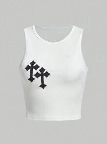 ROMWE Grunge Punk Top tank con estampado de dibujo de canalé - Blanco - Ver 5