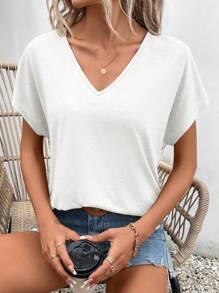 SHEIN Frenchy 女式刺绣 V 领落肩袖 T 恤，返校服，复古风格，教师服，图案 T 恤，休闲女装 - 白色 - 查看 4