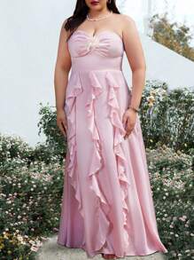 SHEIN Belle Plus Size Solid Color Strapless 3d Flower Lace Dress, Wedding Guest Dress - Pink - View 5