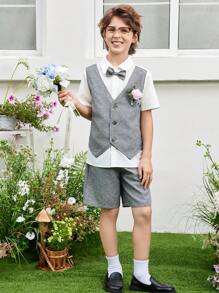 SHEIN 3 件套青少年男孩宽松优雅拼色背心，2 合 1 款式，翻领衬衫，短裤和帽子绅士装 - 灰色 - 查看 5