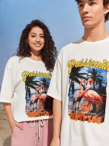 Manfinity VCAY 1pc Tropical Alphabet Print Drop Shoulder Casual T-Shirt - White - View 1