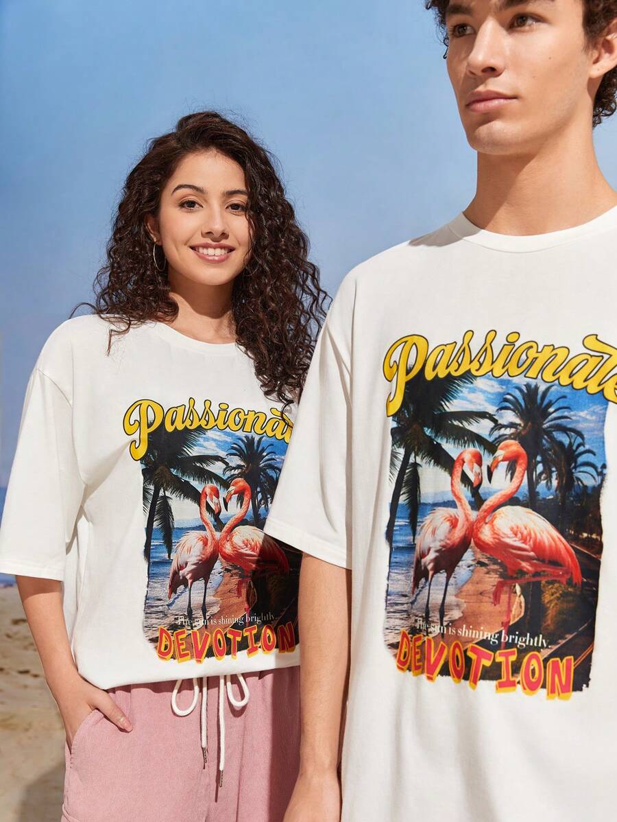 Manfinity VCAY 1pc Tropical Alphabet Print Drop Shoulder Casual T-Shirt - White - View 1