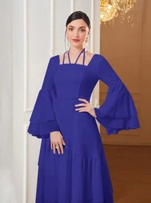 Modelyn Vestido de noche largo de línea A con mangas acampanadas y volantes en color liso para mujer - Azul - Ver 3